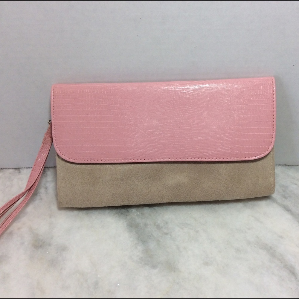 Realities Pink and Tan Faux Suede Clutch/Wristlet
